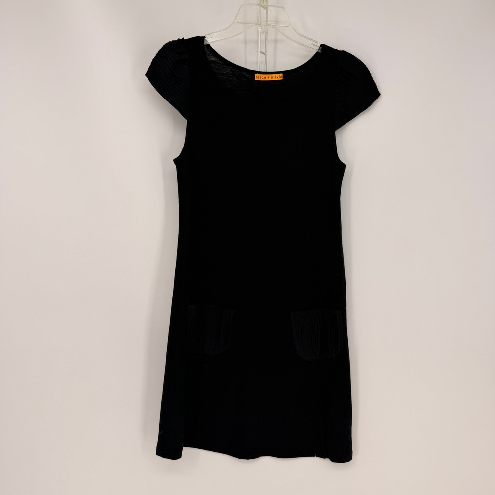 Alice + Olivia Shift Dress Womens S Black Wool Silk Pleated Pocket LBD Designer